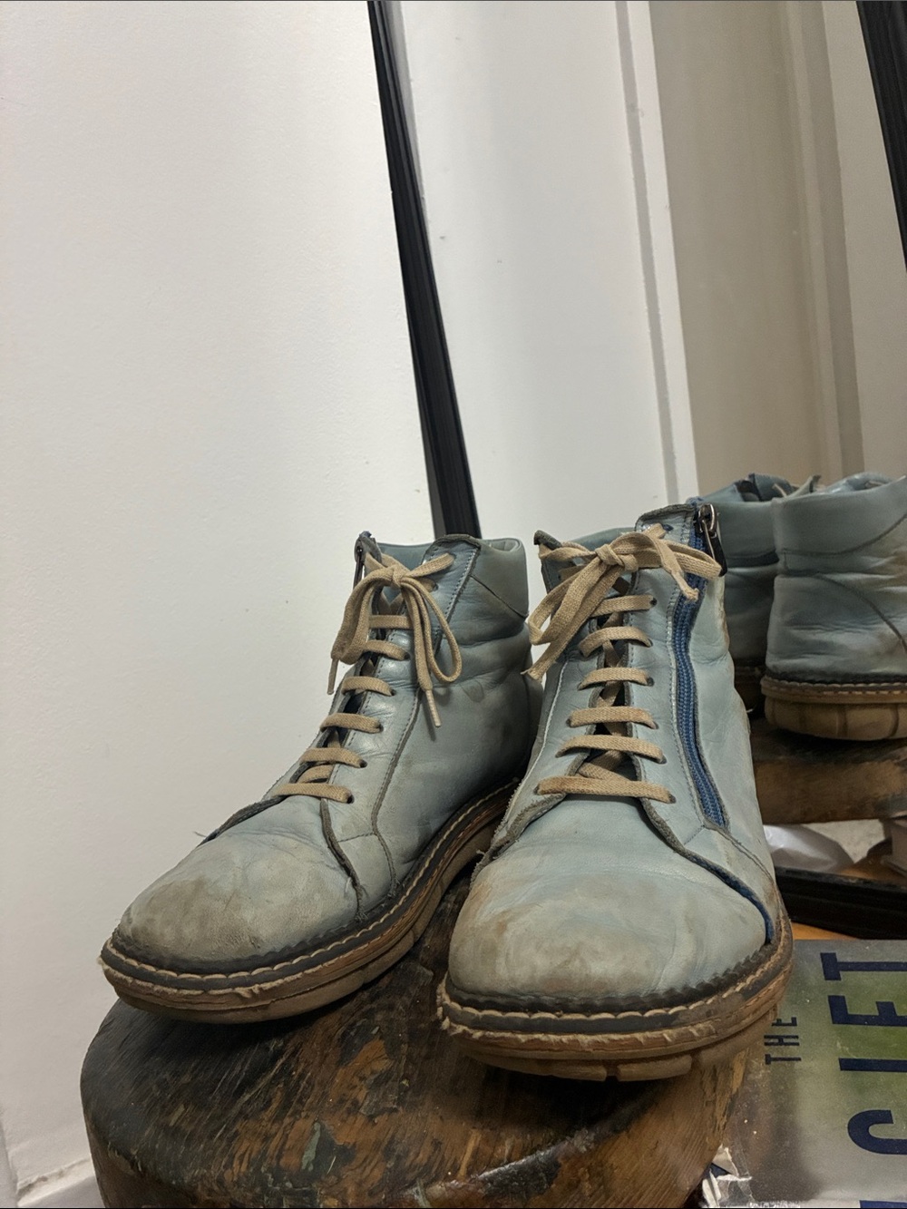 Women's Light Blue Leather Lace-Up Ankle Booties with Side Zip